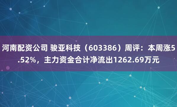 河南配资公司 骏亚科技（603386）周评：本周涨5.52%，主力资金合计净流出1262.69万元